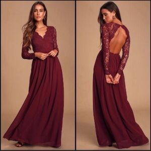 Lulu's Awaken My Love Burgundy Backless Long Sleeve Lace Gown Dress Size Small